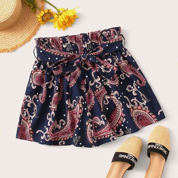 

Paisley Print Paperbag Waist Belted Shorts