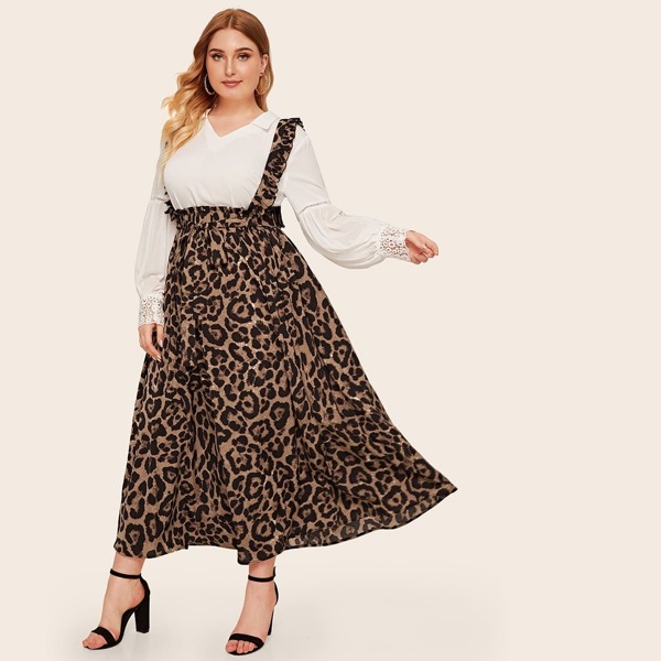 

Plus Frilled Waist Leopard Print Belted Skirt With Strap, Multicolor