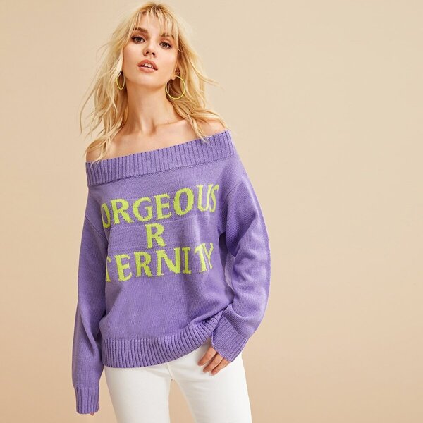 

Off Shoulder Slogan Sweater, Purple pastel
