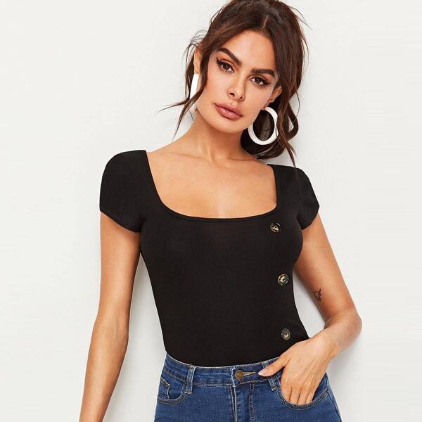 

Button Detail Rib-knit Fitted Solid Top