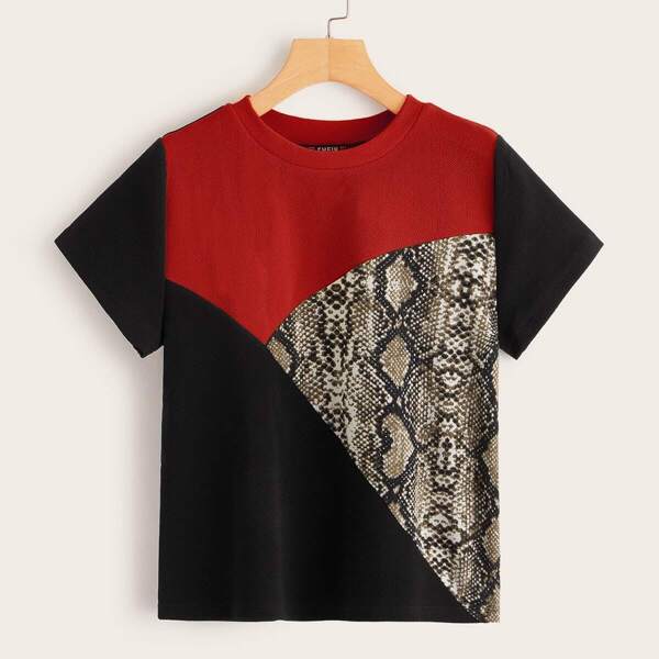 

Cut-and-Sew Snakeskin Print Top