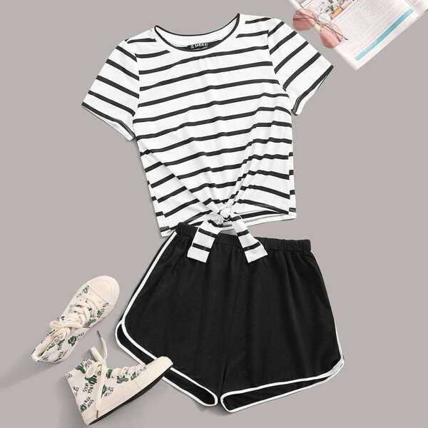 

Knot Hem Striped Top & Track Shorts Set