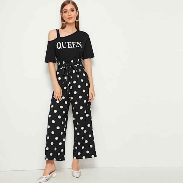 

Asymmetrical Neck Letter Top & Paperbag Waist Polka Dot Belted Pants Set, Black