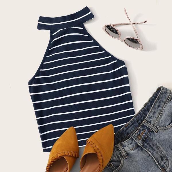 

Striped Rib-knit Halter Top