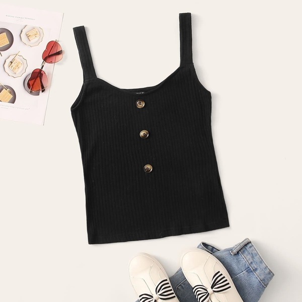 

Button Front Rib-knit Tank Top