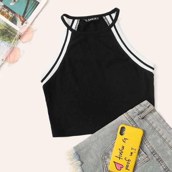 

Plus Contrast Binding Rib-knit Tank Top, Black