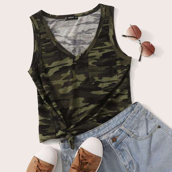

Plus Pocket Patched Camo Tank Top, Multicolor