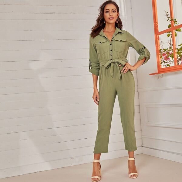 

Pocket Front Roll Up Sleeve Belted Utility Jumpsuit