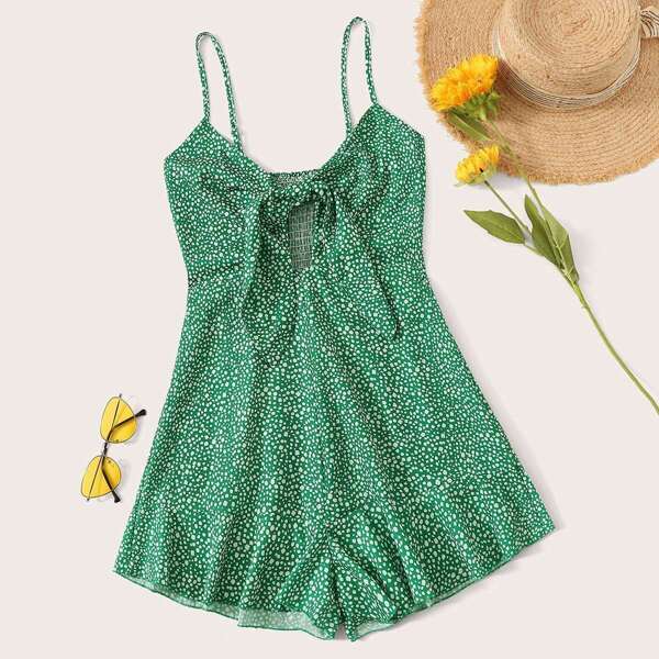 

Dalmatian Print Tie Front Slip Romper, Green