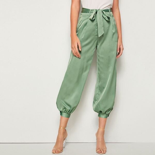 

Solid Belted Satin Tapered Pants