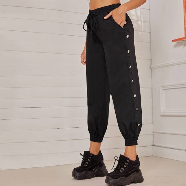 

Side Button Drawstring Waist Solid Pants, Black