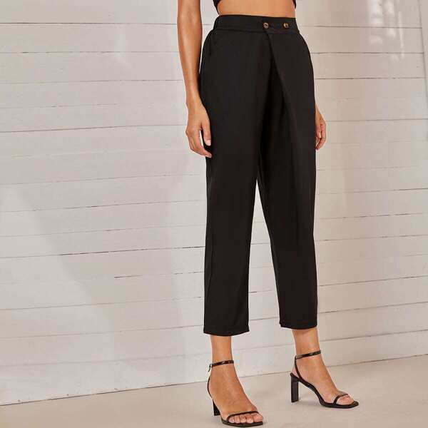 

Button Detail Straight Leg Solid Pants, Black