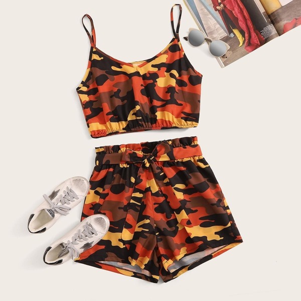 

Camouflage Print Crop Cami & Belted Shorts