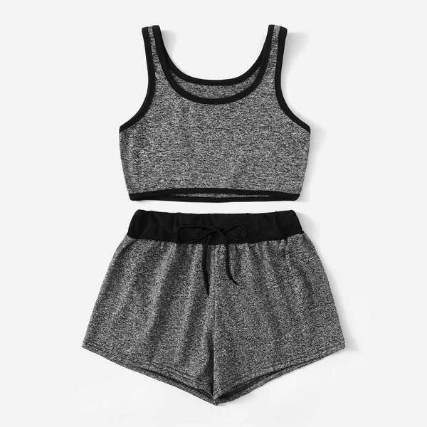 

Plus Contrast Binding Tank Top & Track Shorts, Grey