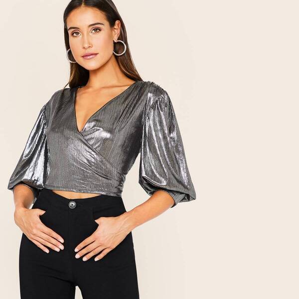 

Bishop Sleeve Wrap Knotted Metallic Top