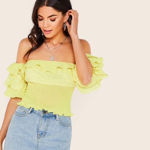 

Eyelet Embroidered Ruffle Trim Shirred Bardot Top, Yellow