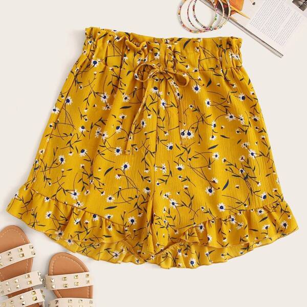 

Plus Ditsy Floral Print Drawstring Waist Shorts, Yellow