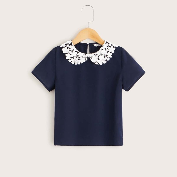 

Girls Keyhole Back Contrast Lace Peter Pan Collar Top, Navy