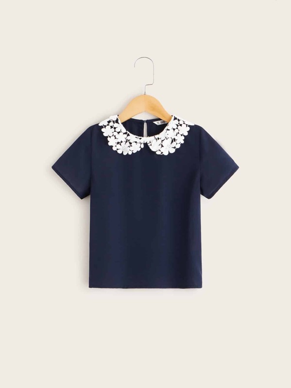 

Girls Keyhole Back Contrast Lace Peter Pan Collar Top, Navy