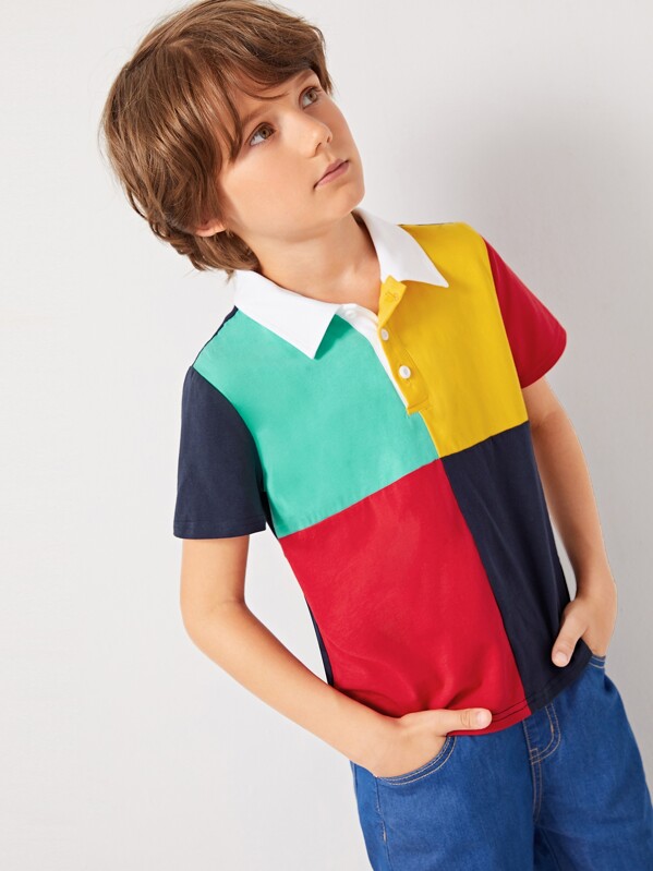 

Boys Contrast Collar Color-block Polo Shirt, Multicolor, Misha B