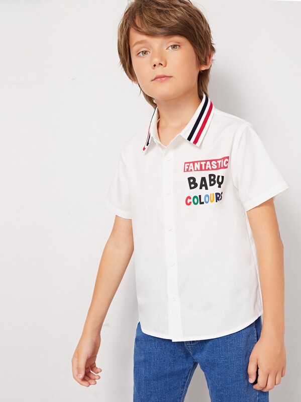

Boys Striped Collar Letter Print Shirt, White, Misha B