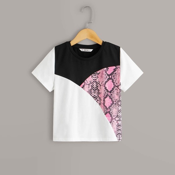 

Girls Snakeskin Print Color-block Tee