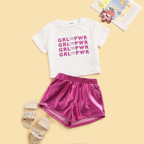 

Girls Letter Print Tee & Metallic Shorts Set