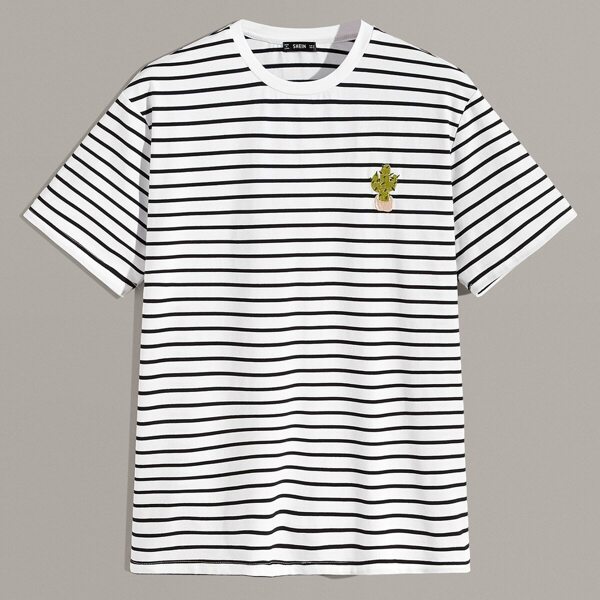

Men Striped Print Embroidered Detail Tee, Black and white