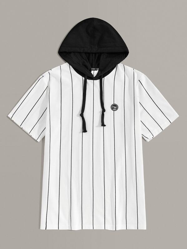 

Men Striped Patched Detail Drawstring Hoodie, White