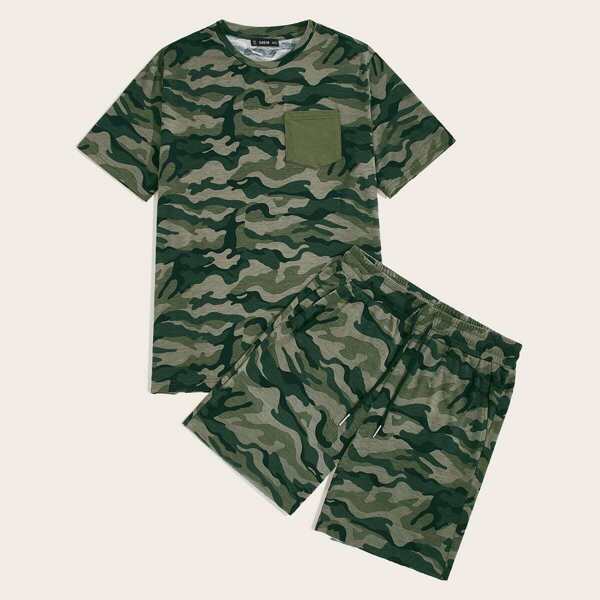 

Men Camo Print Pocket Tee & Track Shorts Set