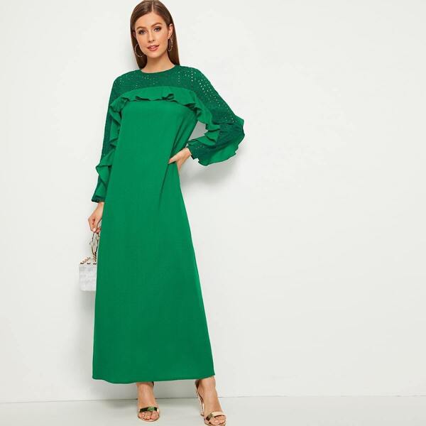 

Eyelet Embroidered Yoke Ruffle Hem Maxi Dress, Green