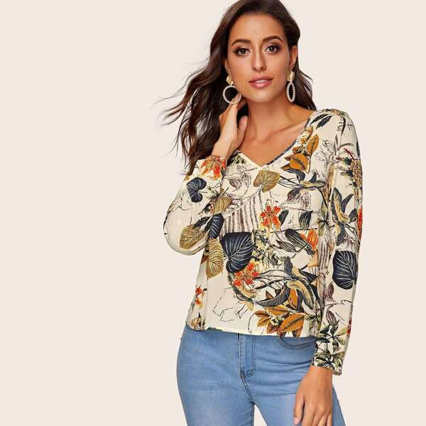 

Tropical Print V Neck Top, Multicolor