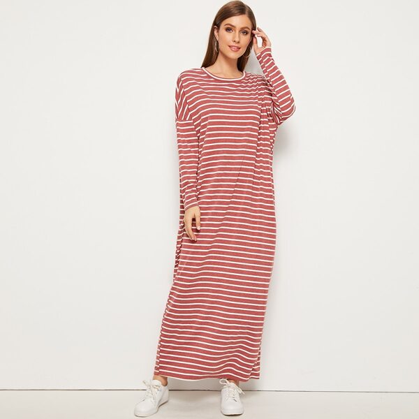 

Striped Drop Shoulder Maxi T-shirt Dress, Red