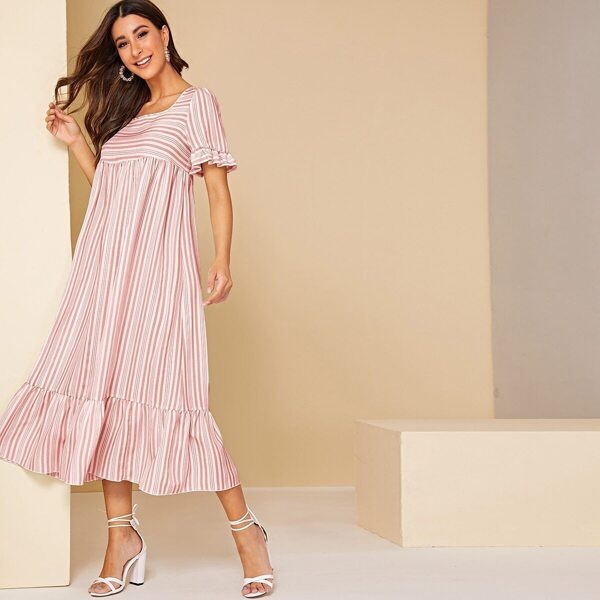 

Striped Print Ruffle Hem Dress, Pink pastel