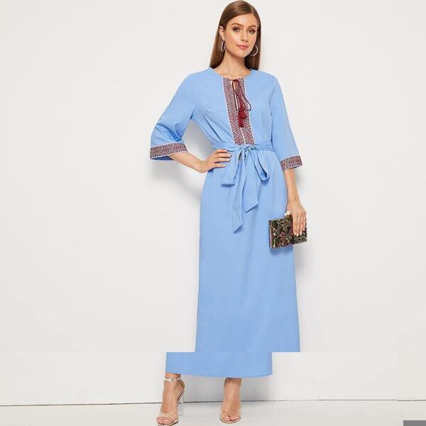 

Embroidered Tape Fringe Tie Front Belted Dress, Blue pastel