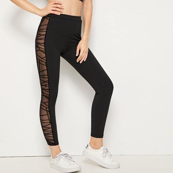 

Sheer Mesh Insert Crop Leggings, Black