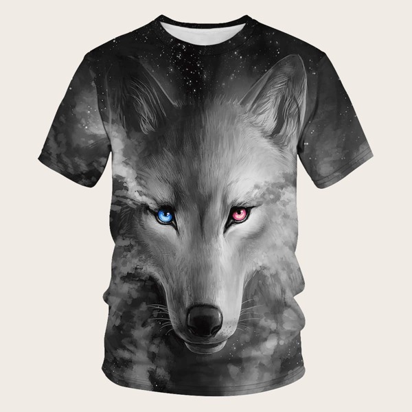 

Men 3D Wolf Print Tee, Black