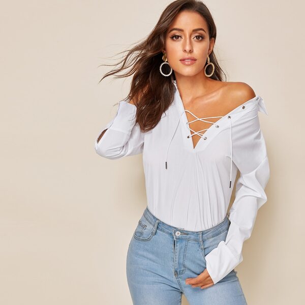 

Lace-up Neck Solid Blouse
