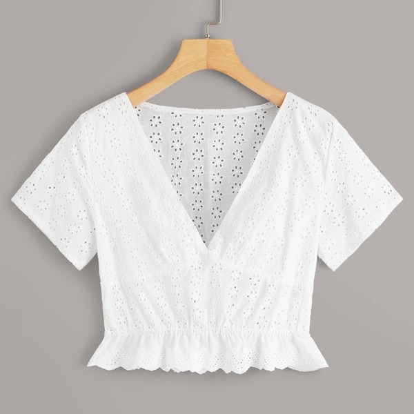 

Deep V-neck Eyelet Embroidery Blouse, White