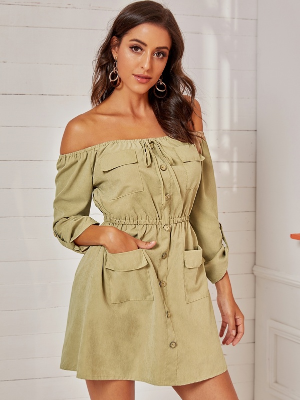 

Dual Pokcet Roll Up Sleeve Bardot Cargo Dress, Khaki, Mary P.