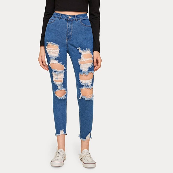 

Button Waist Cut Out Ripped Jeans