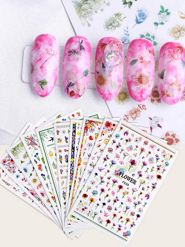 

3D Flower Pattern Nail Sticker 5sheets, Multicolor