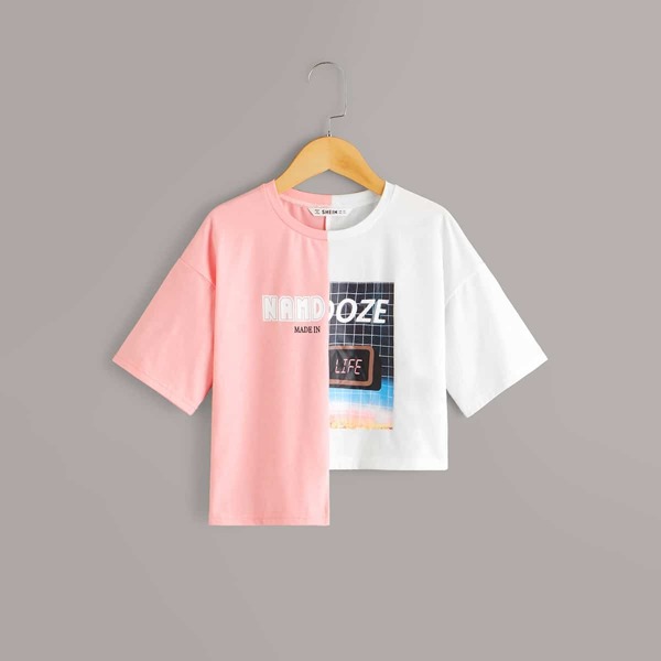 

Girls Two Tone Stepped Hem Tee, Multicolor