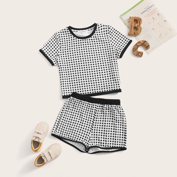 

Girls Contrast Binding Gingham Top & Shorts Set