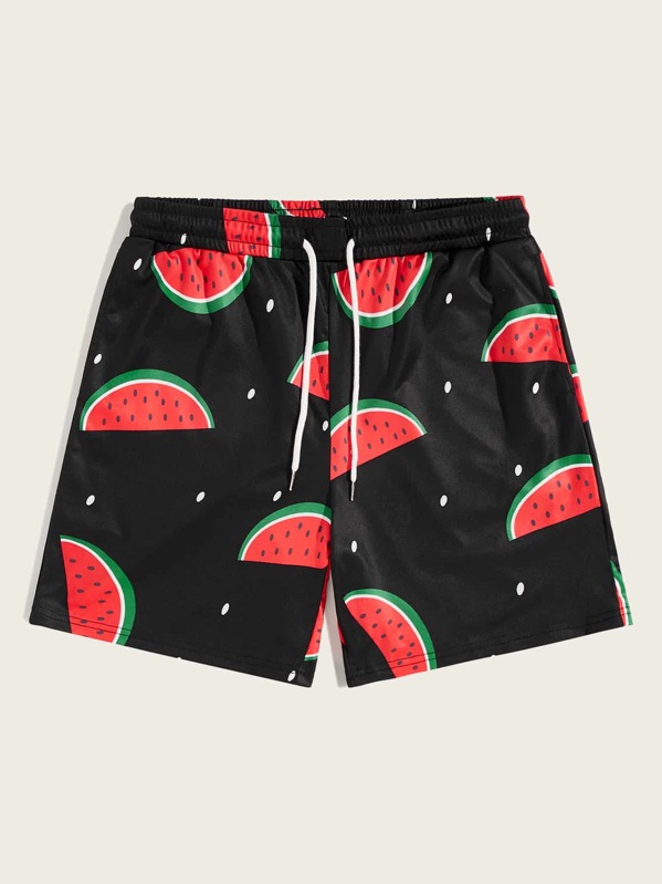 

Men Drawstring Waist Watermelon Print Shorts, Black