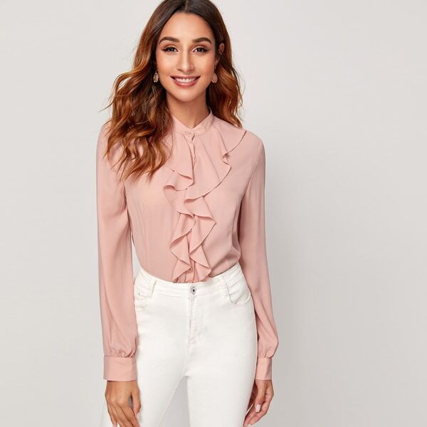 

Stand Collar Flounce Trim Blouse, Pink pastel