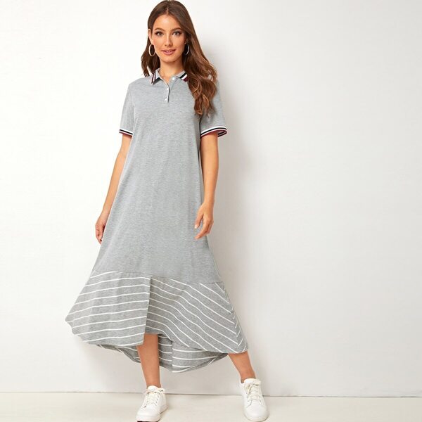 

Striped Trim Heather Knit Asymmetric Dress, Grey
