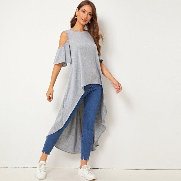 

Cold Shoulder Dip Hem Heather Grey Tee