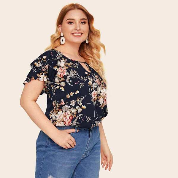 

Plus V-cut Layered Sleeve Botanical Print Top, Multicolor