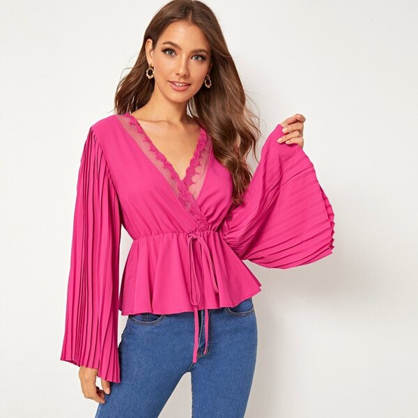 Tie Front Pleated Sleeve Wrap Peplum Top